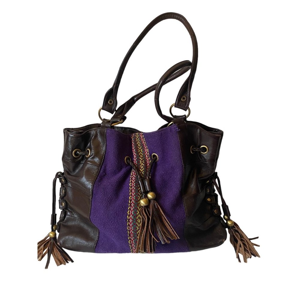 Purple‎ brown leather slouchyhandbag purple tote woven tassels tribal boho gipsy